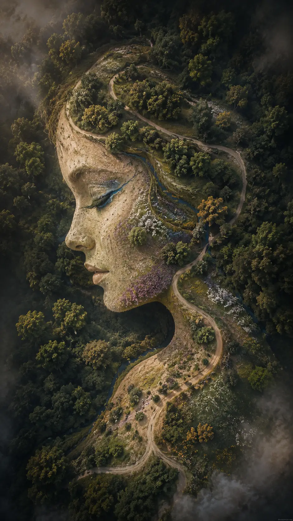 Sentiero nel bosco visto dall’alto che forma una silhouette femminile nascosta