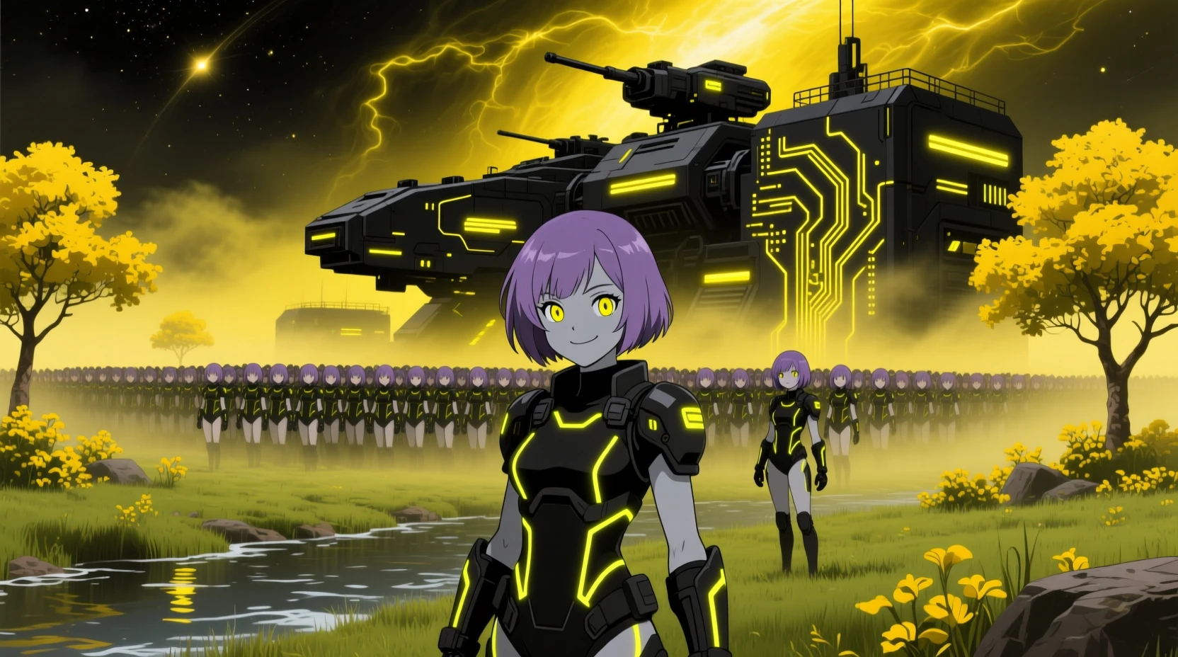 Futuristic army of gray skinned girls in neon armor