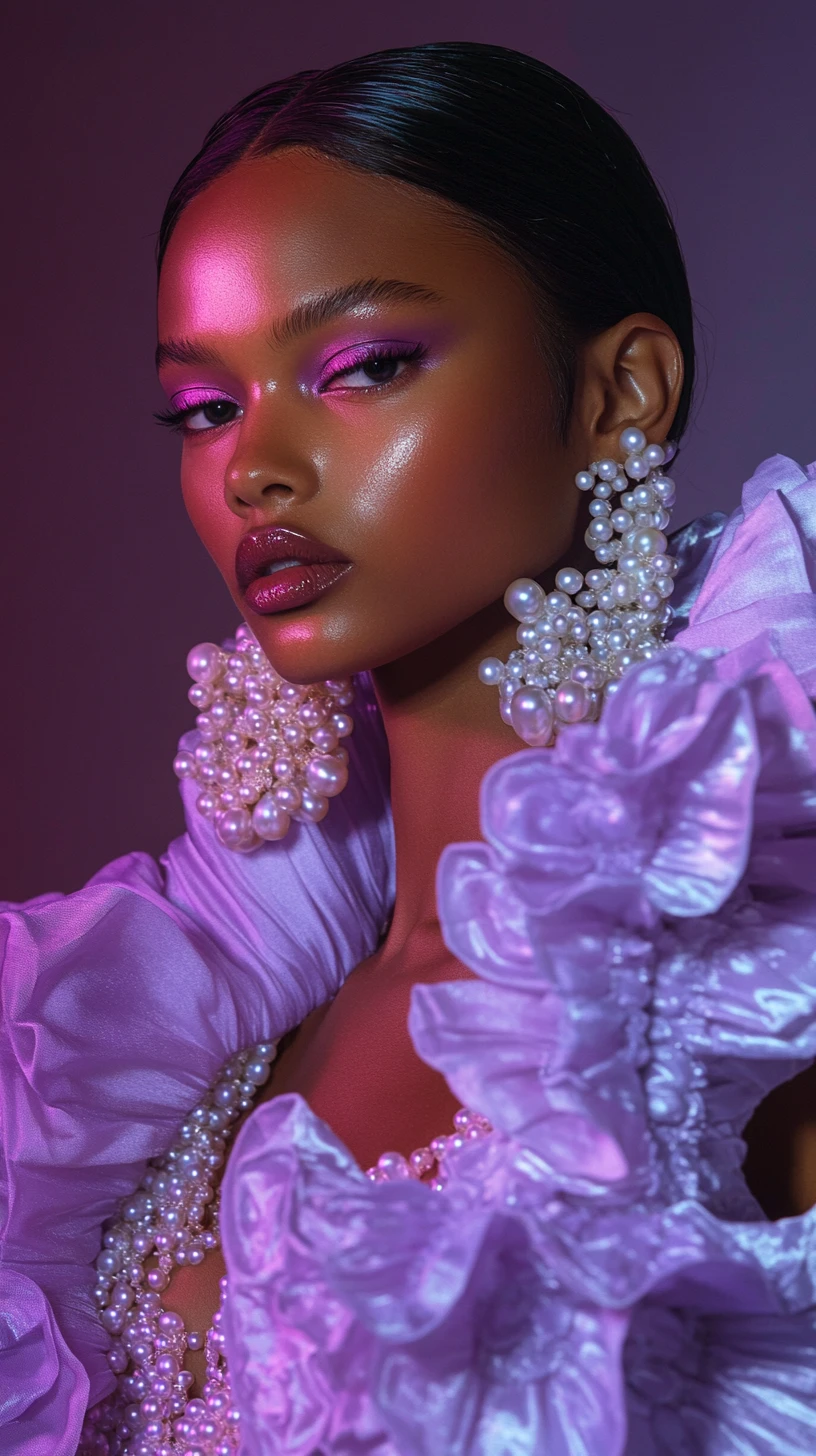 Retrato couture lavanda con perlas y maquillaje fucsia intenso