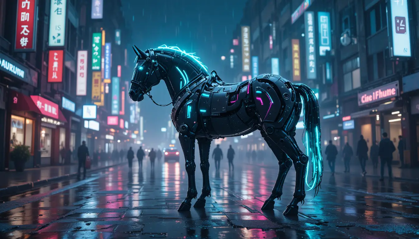 Cavallo cibernetico su strada futuristica intrisa di neon