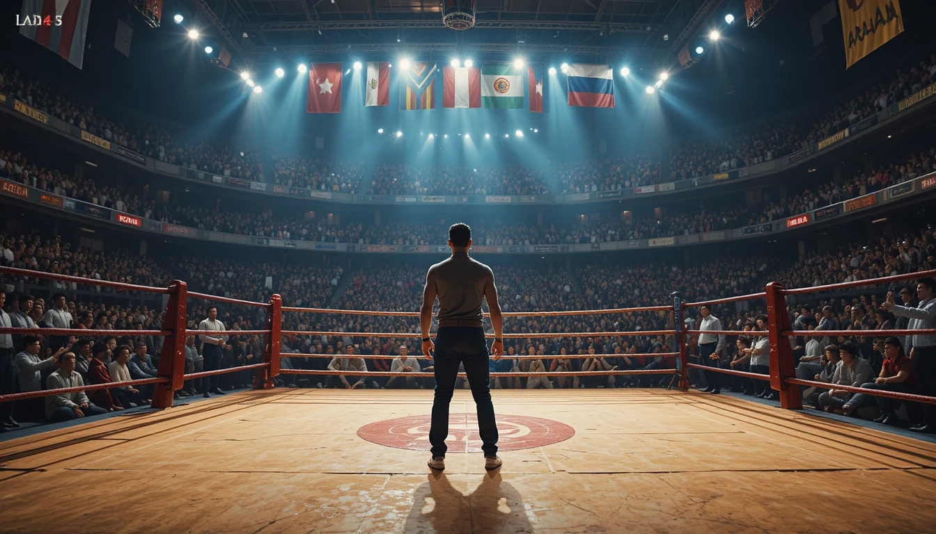 Bright boxing ring in a roaring crowded sports arena