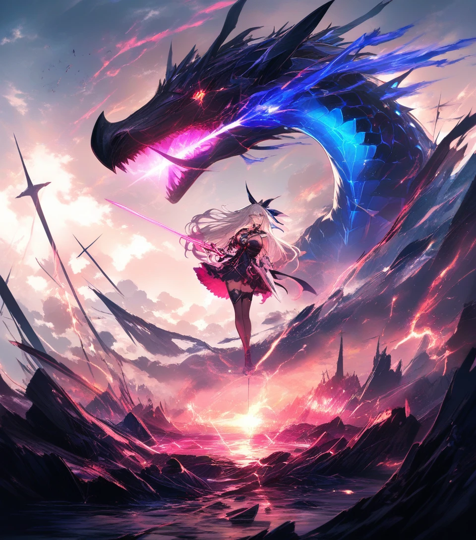 Anime warrior girl in ruins facing a distant dragon