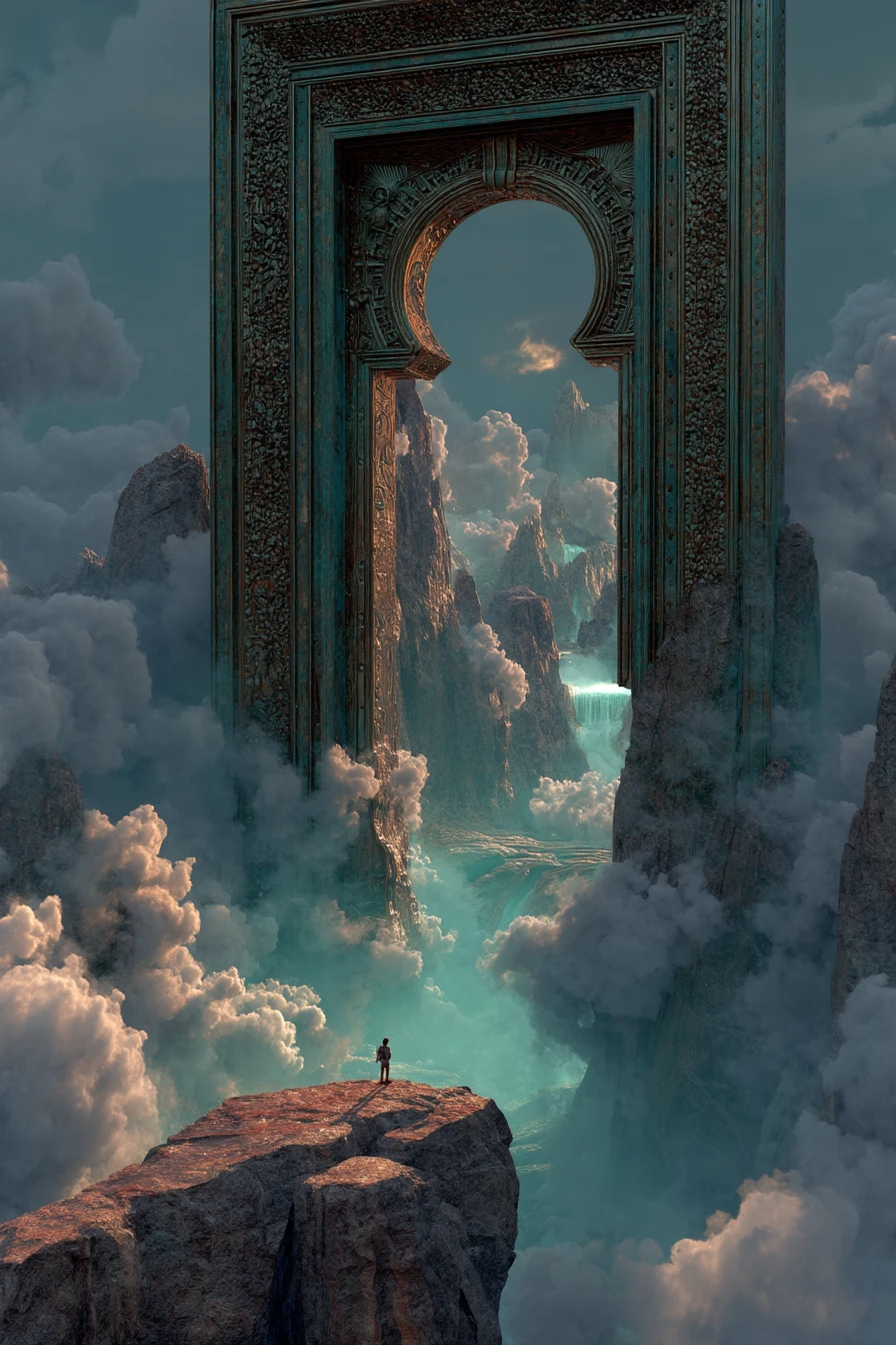 Colossale portale celeste che si apre su un mondo fantasy nascosto