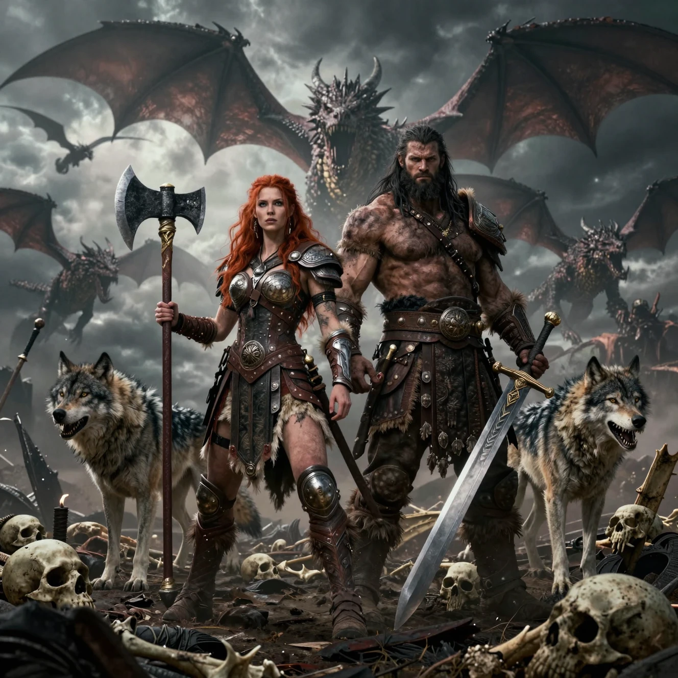 Pareja de guerreros bárbaros en un campo de batalla de fantasía cubierto de calaveras