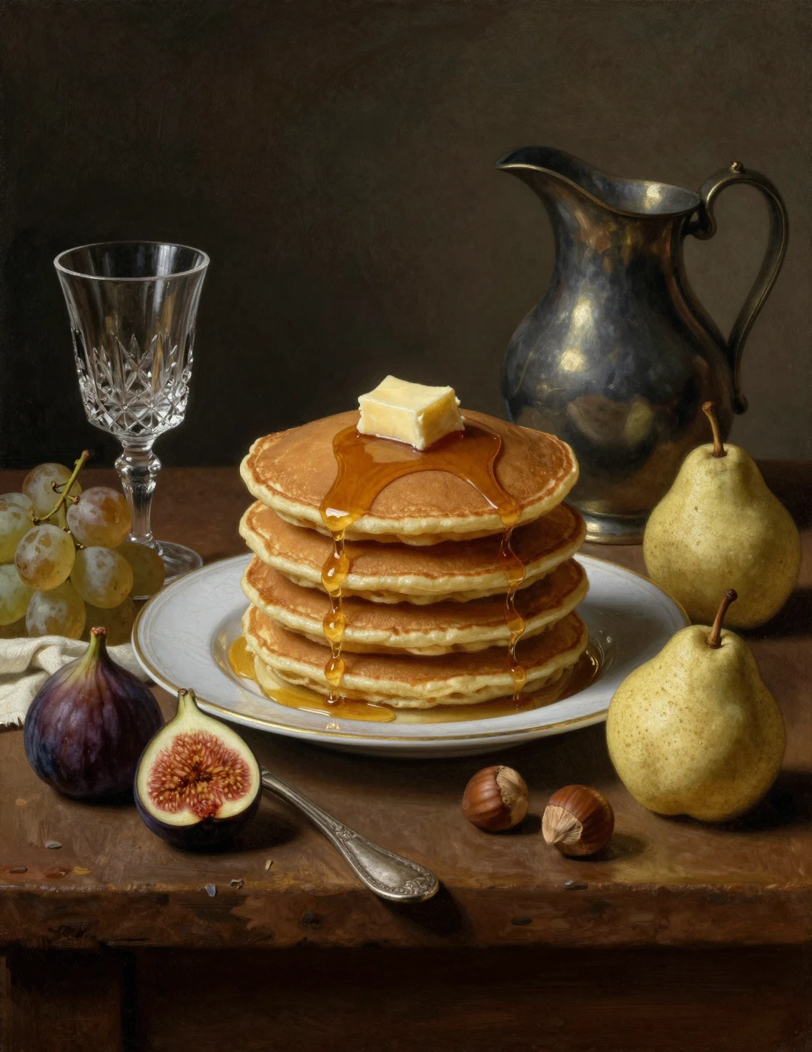 Natura morta barocca con pancake, frutta e posate d’argento