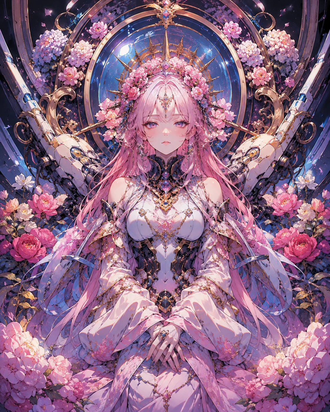Póster floral de anime sci‑fi con composición centrada