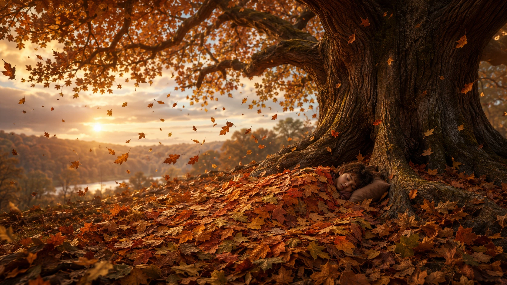 Autumn oak tree sheltering a child under falling leaves