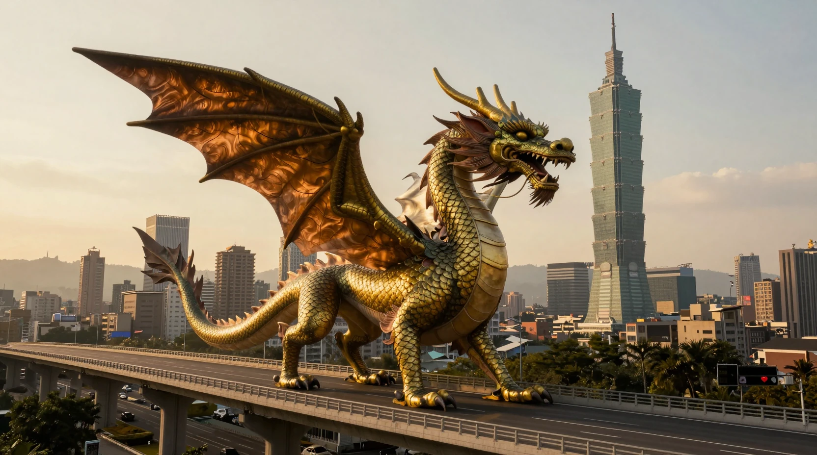 Dragón gigante cruzando un puente de autopista en Taipéi