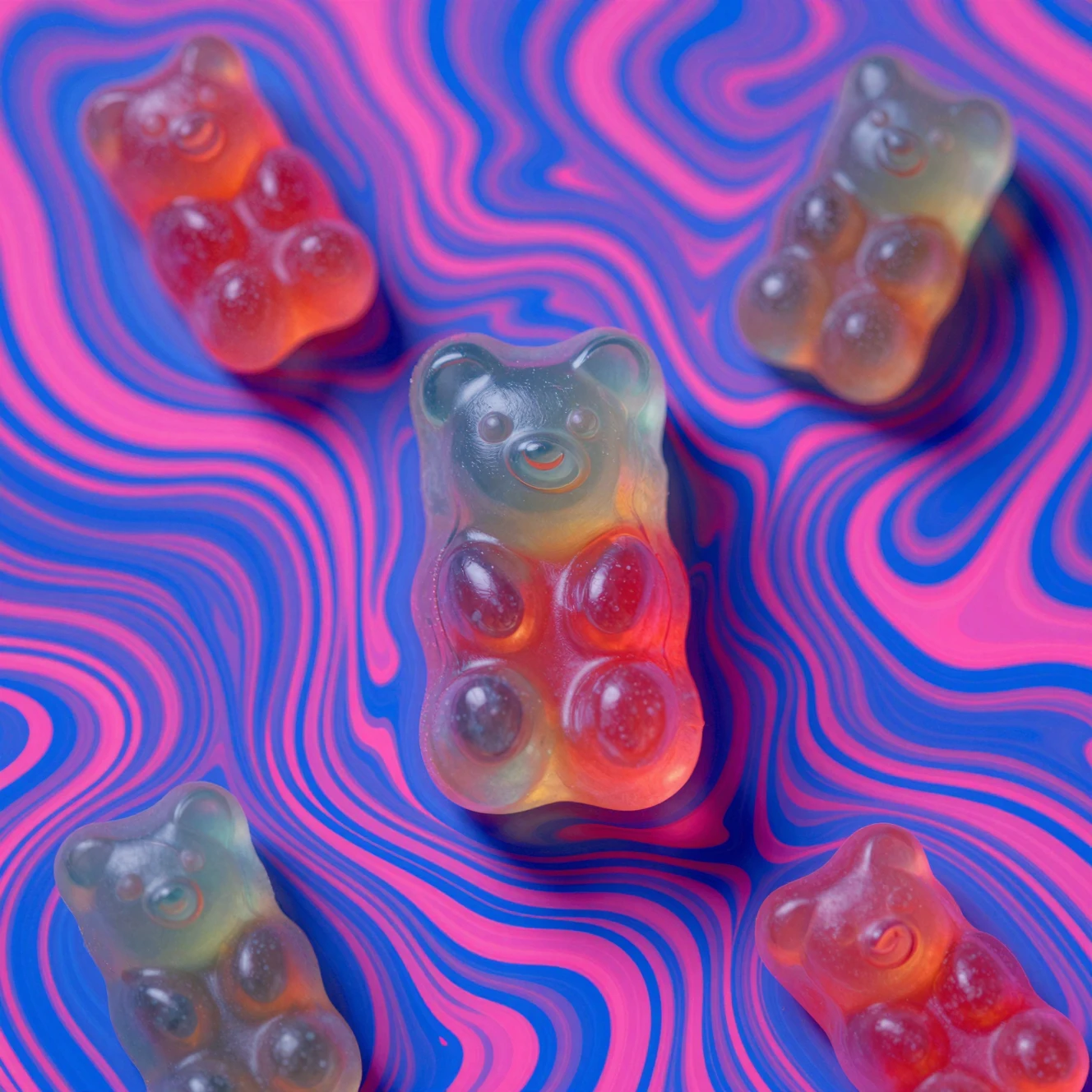 Ositos de goma neón en una escena abstracta psicodélica en espiral