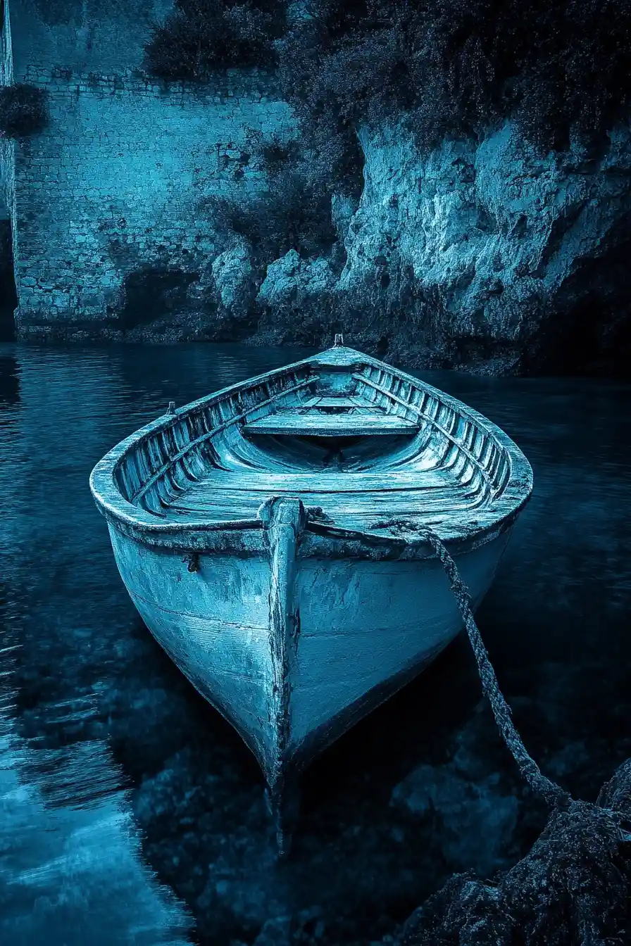 Paesaggio marino nautico surreale in un sogno di pastelli scuri e decisi