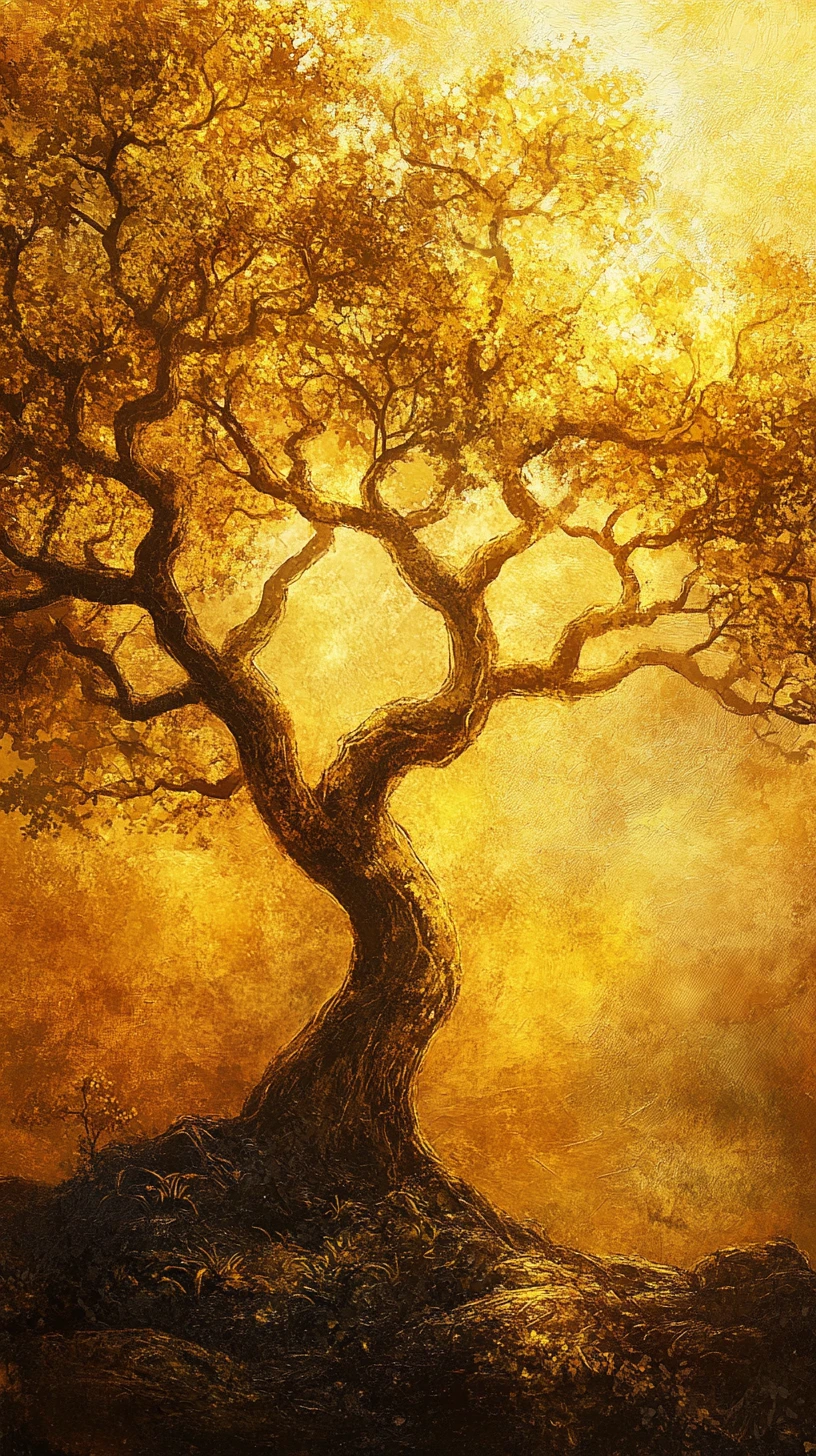 Árbol ancestral que abraza a los viajeros en una cálida luz dorada
