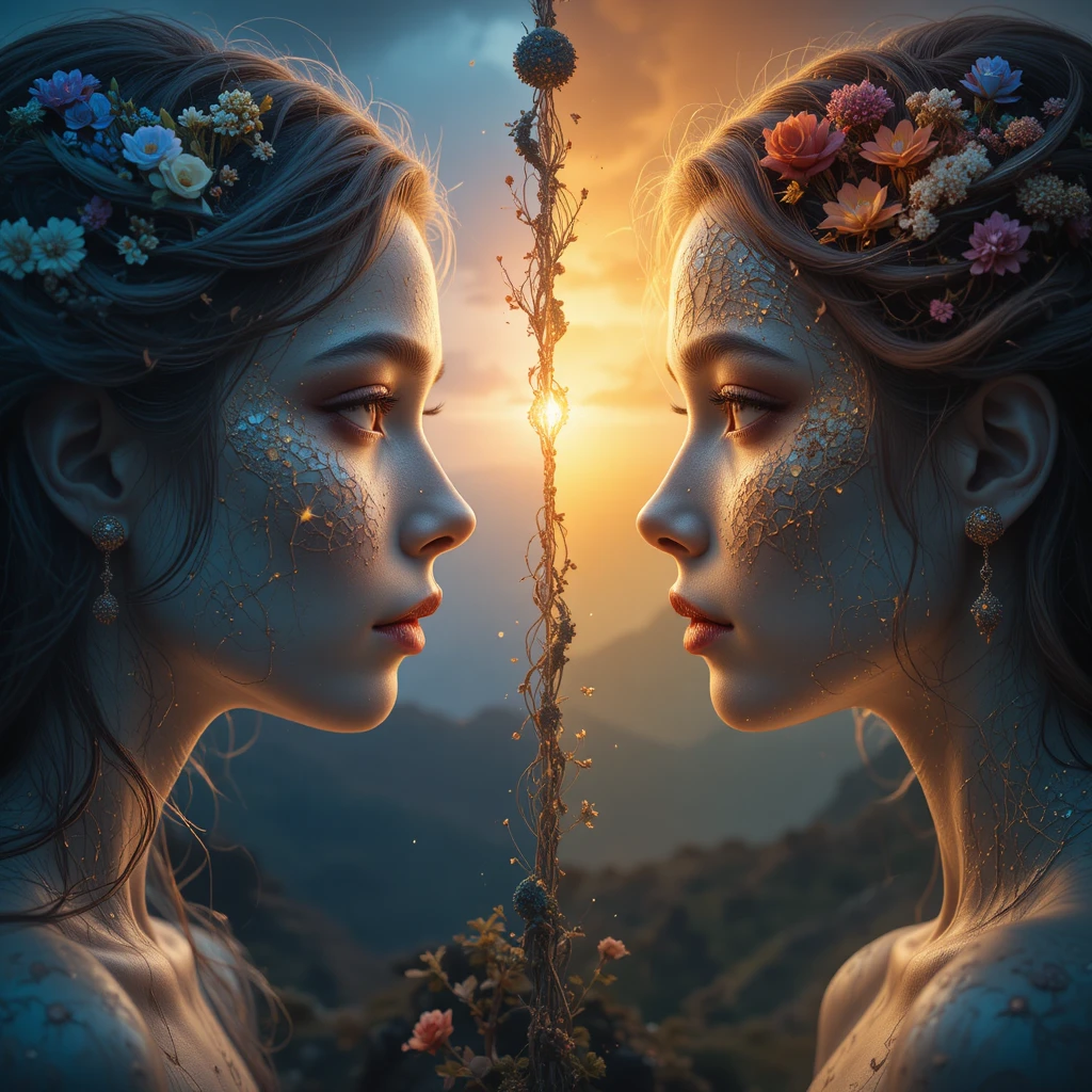 Duas mulheres etéreas frente a frente em um mundo de fantasia dividido