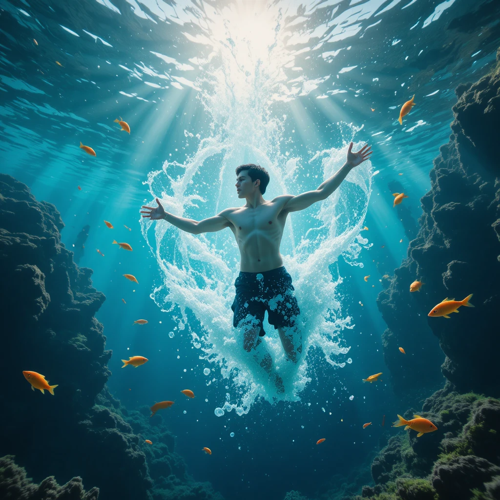 Joven volando ingrávido bajo el agua junto a peces iluminados por el sol