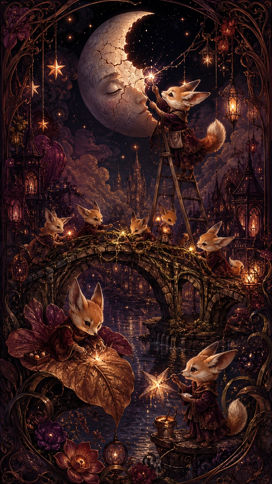 Glowing fox like spirits quietly mending a surreal night world