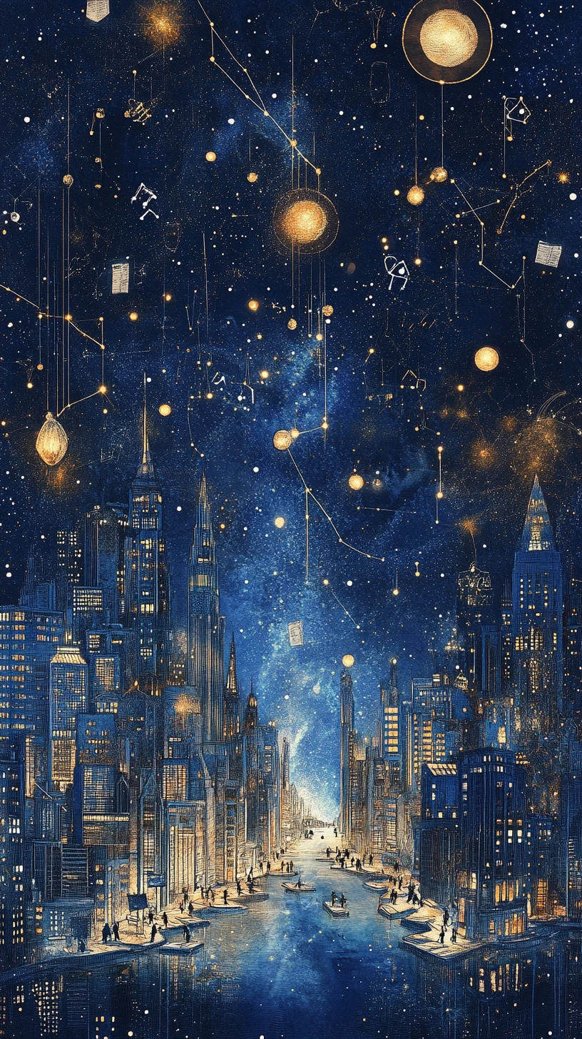 Ciudad surrealista de ventanas de hojas de cálculo flotando en el espacio profundo