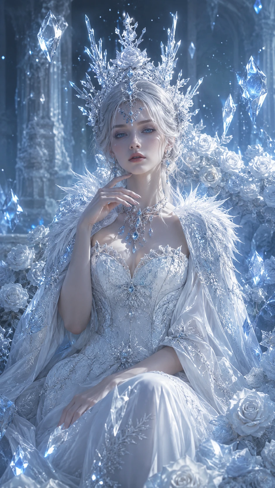 Regia emperatriz invernal coronada con delicadas flores de hielo