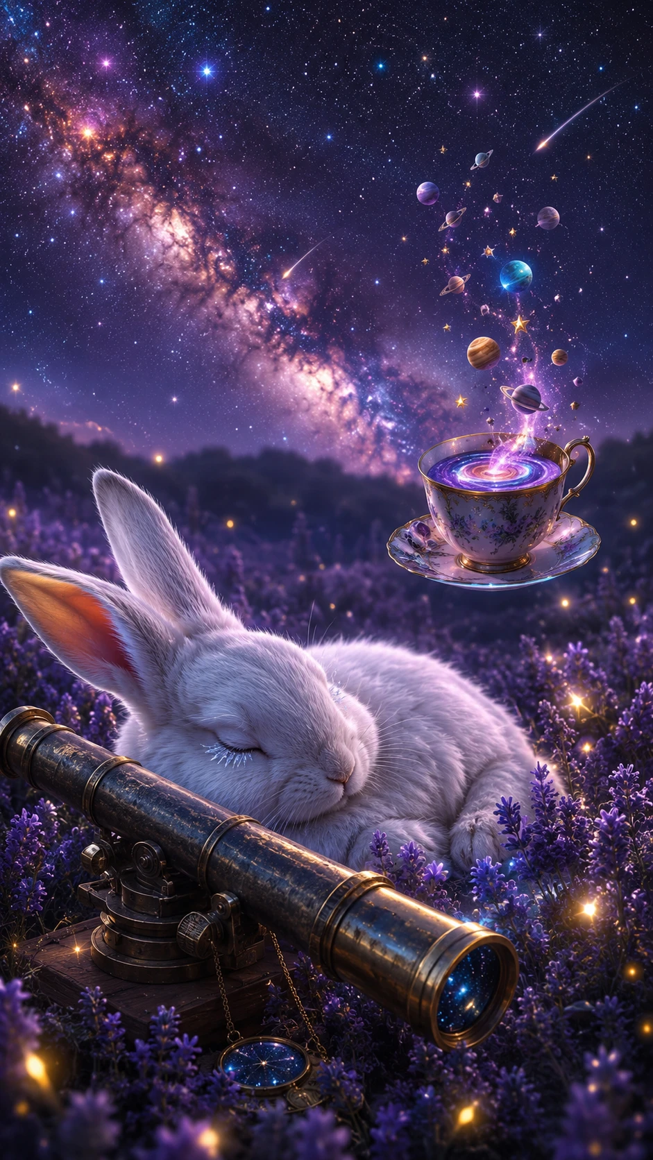Conejo blanco descansando junto a un telescopio en un campo de lavanda brillante