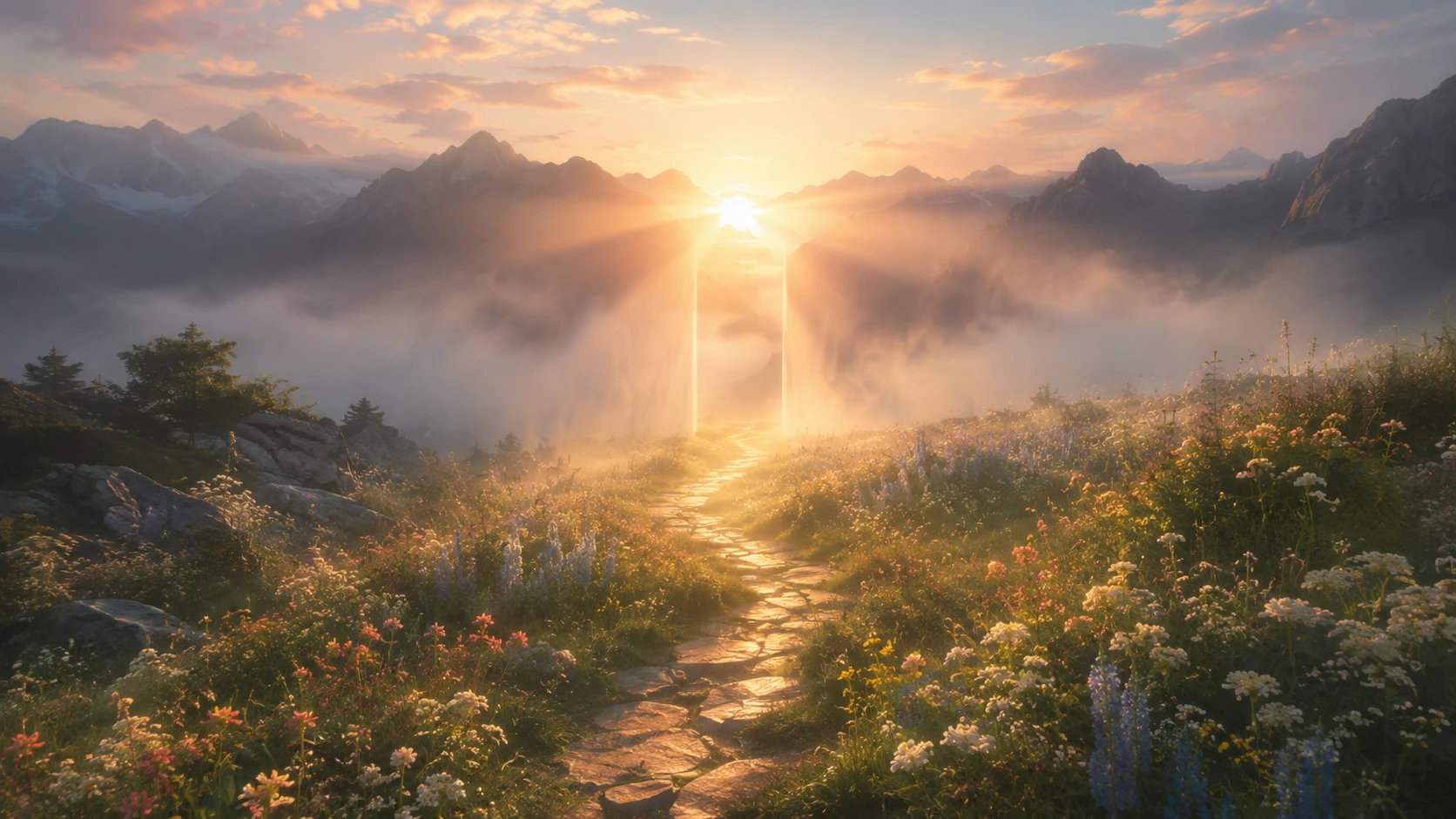 Amanecer sobre un sendero de montaña entre niebla bordeado de flores silvestres