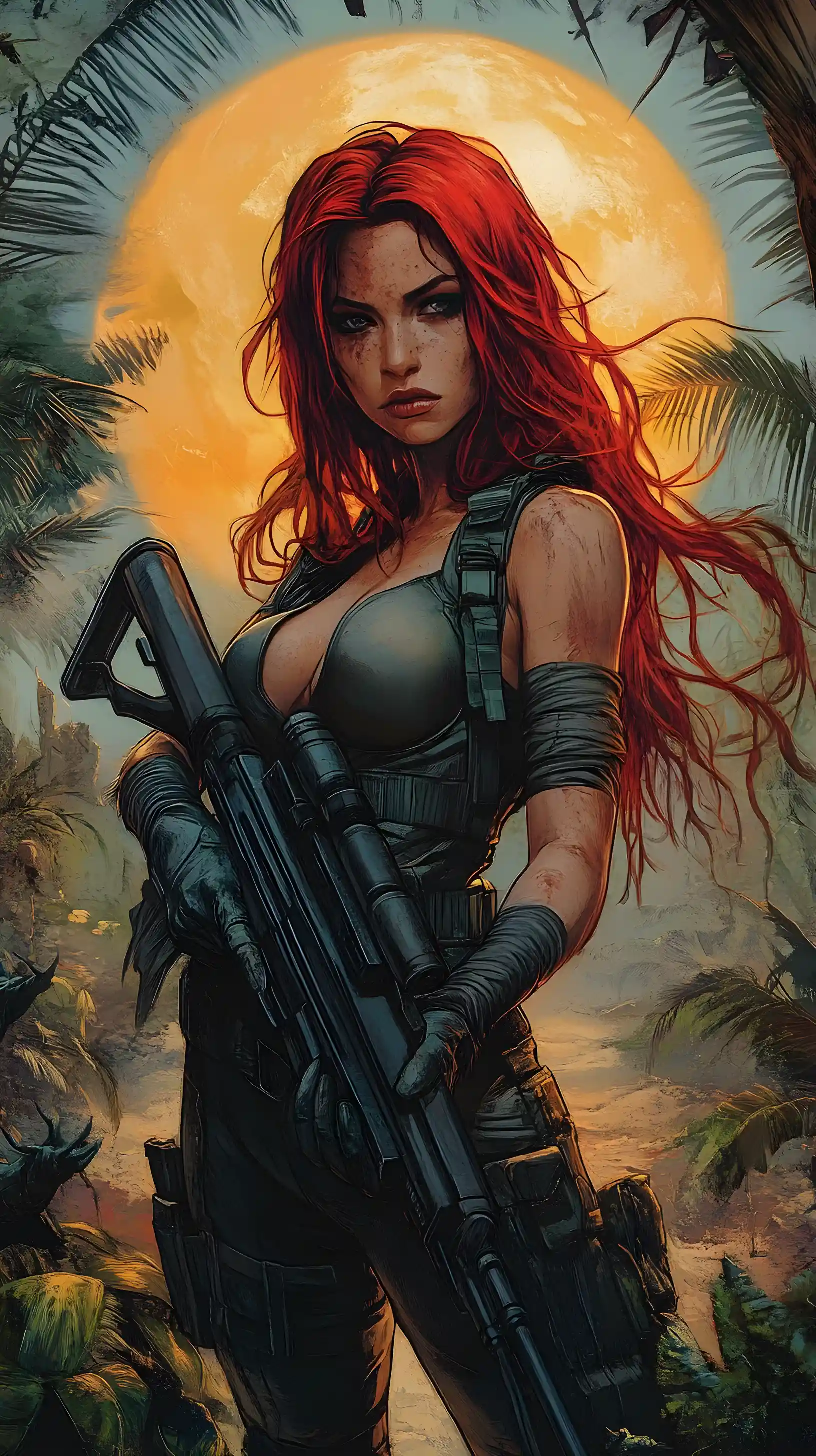 叢林衛星綠洲中手持步槍的科幻女戰士
