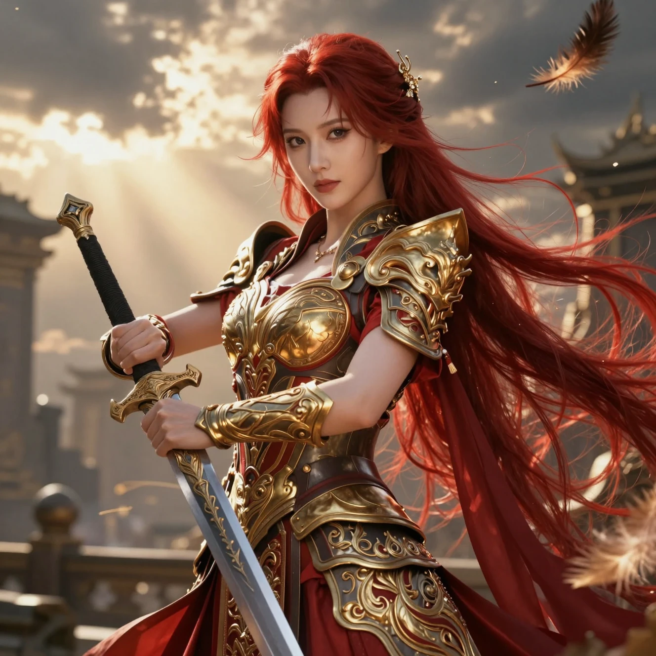 身披金紅帝國鎧甲的尊貴女戰士