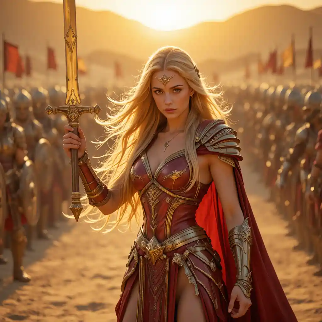 Blonde Kriegerin hebt ein goldenes Schwert im Sonnenuntergang