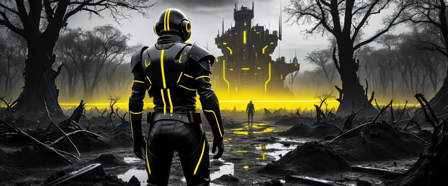 Futuristische Teenager-Jungen vor einer kolossalen Sci-Fi-Festung