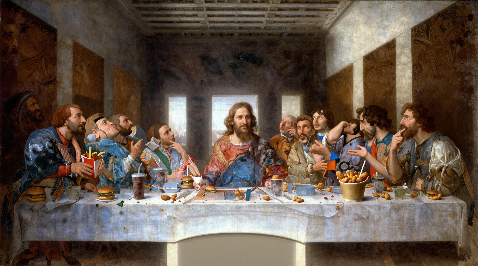 Última cena de estilo renacentista con banquete moderno de comida rápida