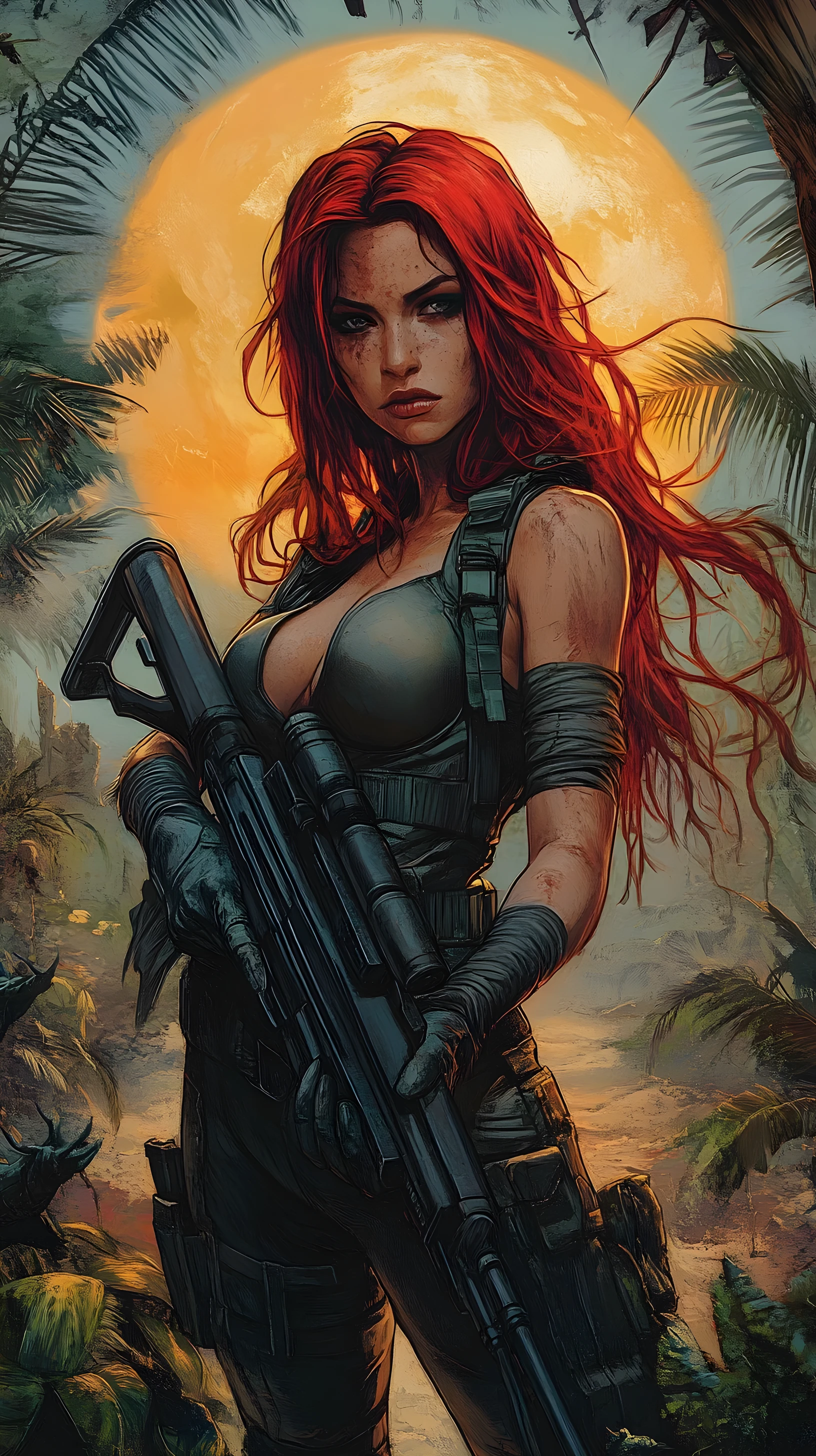 Guerrera de ciencia ficción con rifle en un oasis de luna selvática