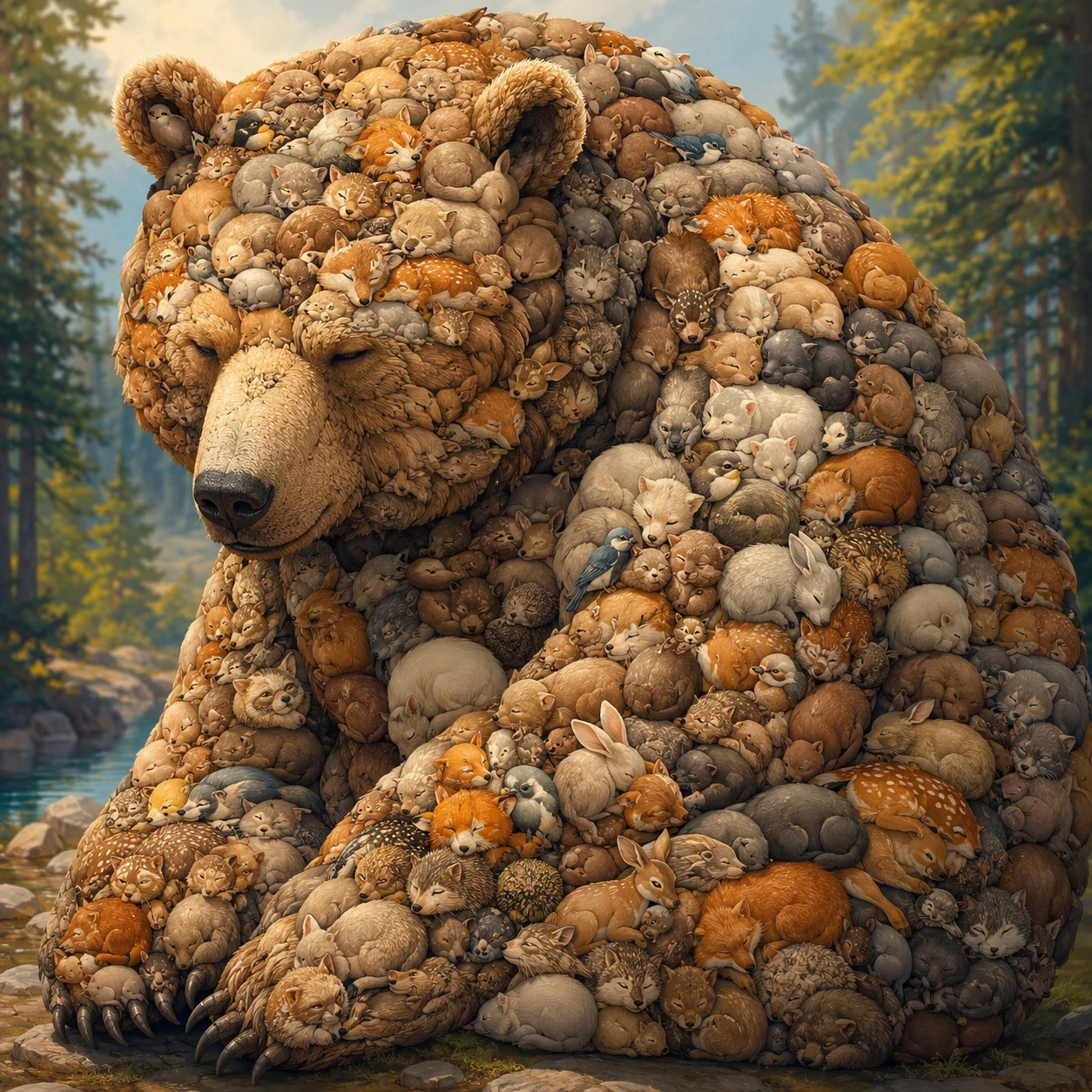 Oso surreal formado por diminutos animales dormidos del bosque
