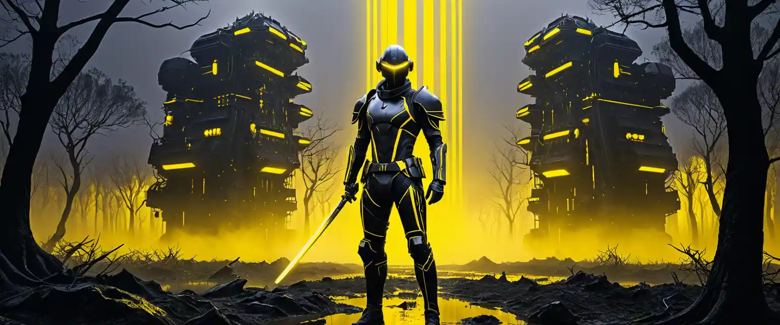 Teenage Sci‑Fi‑Krieger mit Energiekatanas im Neon-Schlachtfeld