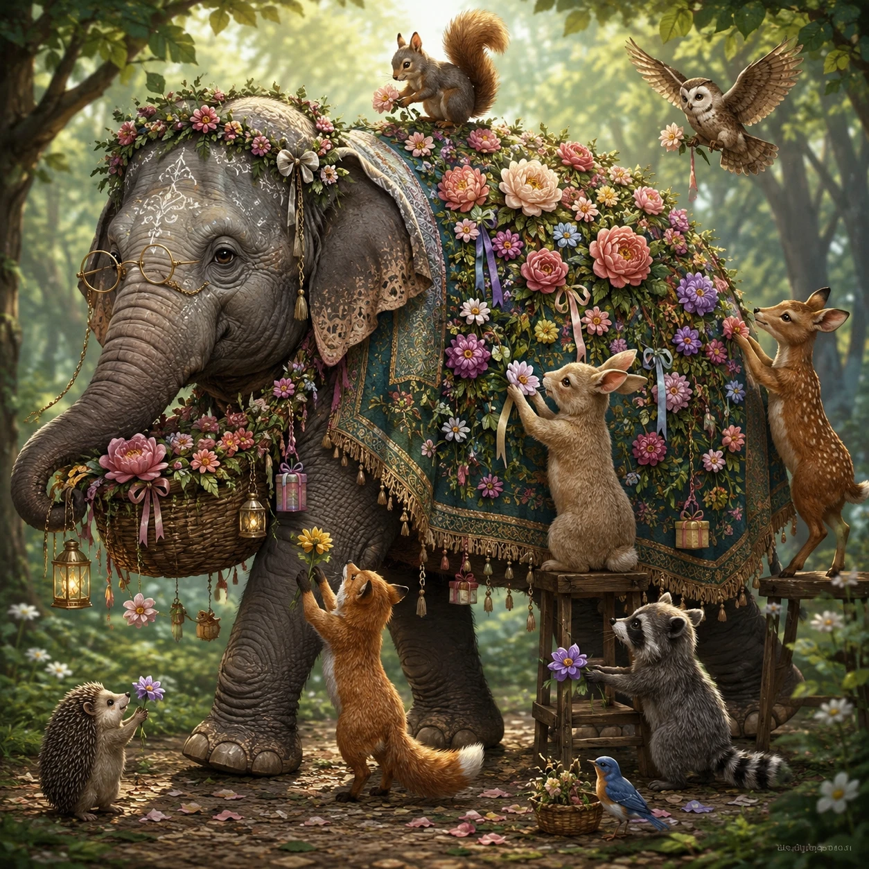 Dolce elefante che porta una coperta fiorita piena di regali