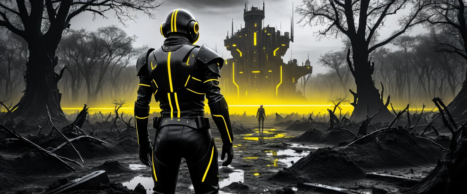 Chicos adolescentes futuristas ante una colosal fortaleza de ciencia ficción