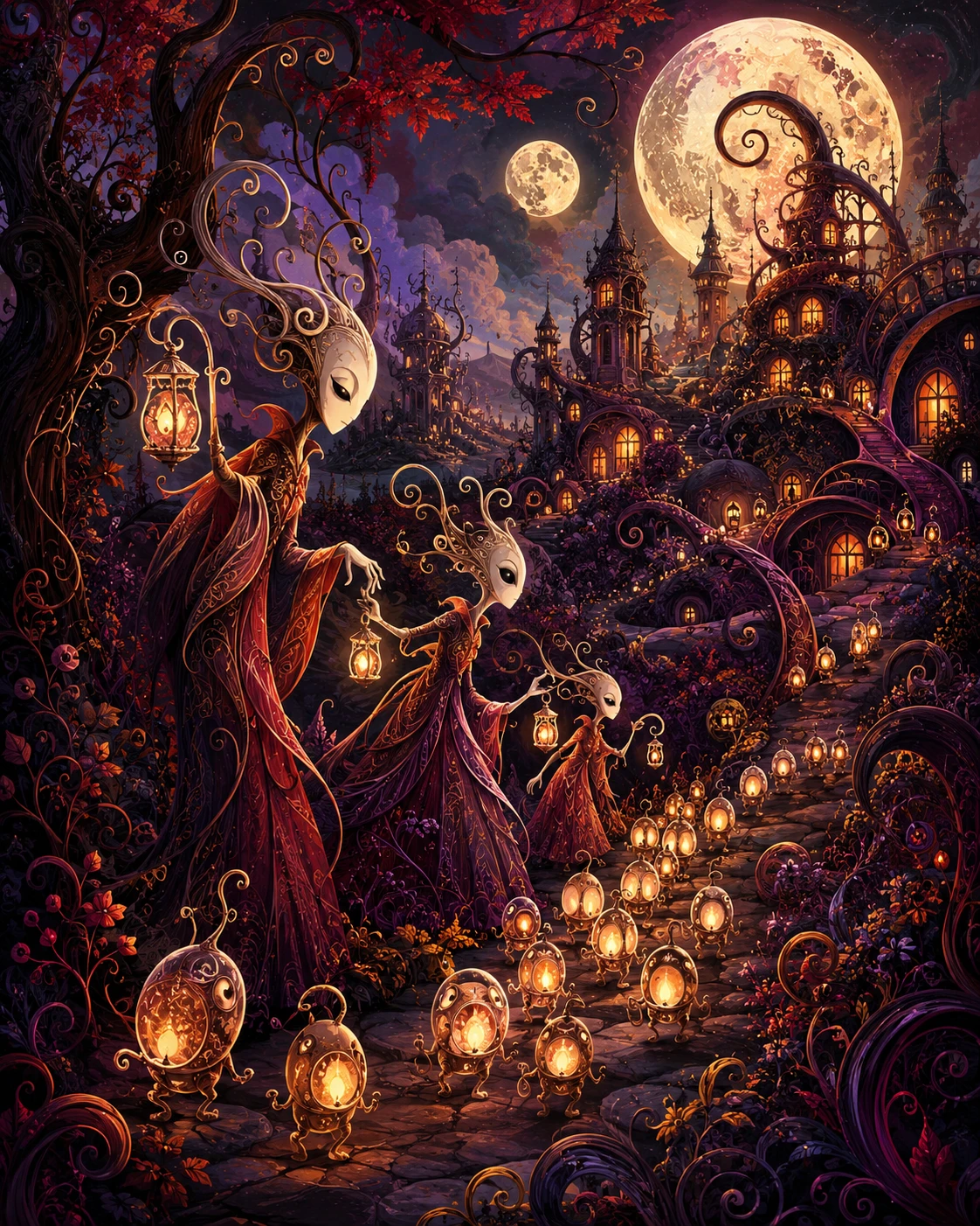 Forest spirits guiding glowing lantern creatures under twin moons