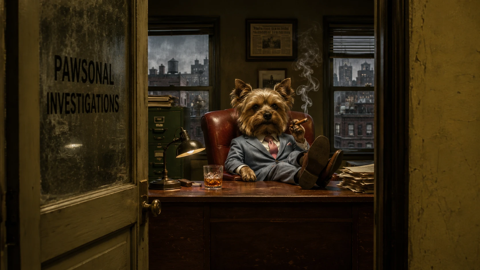 Perro Yorkshire terrier detective en la entrada de una oficina destartalada