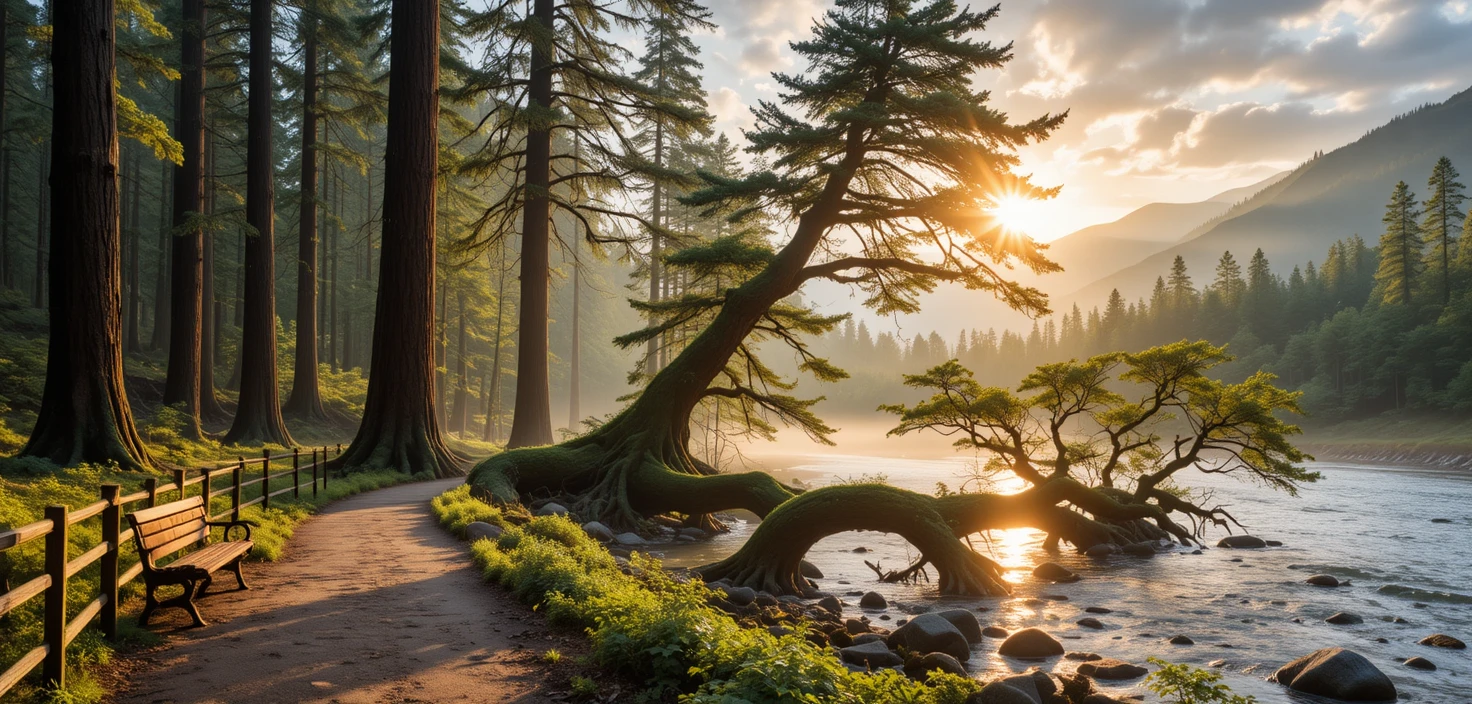 Sendero del bosque junto al río iluminado por la cálida luz del atardecer