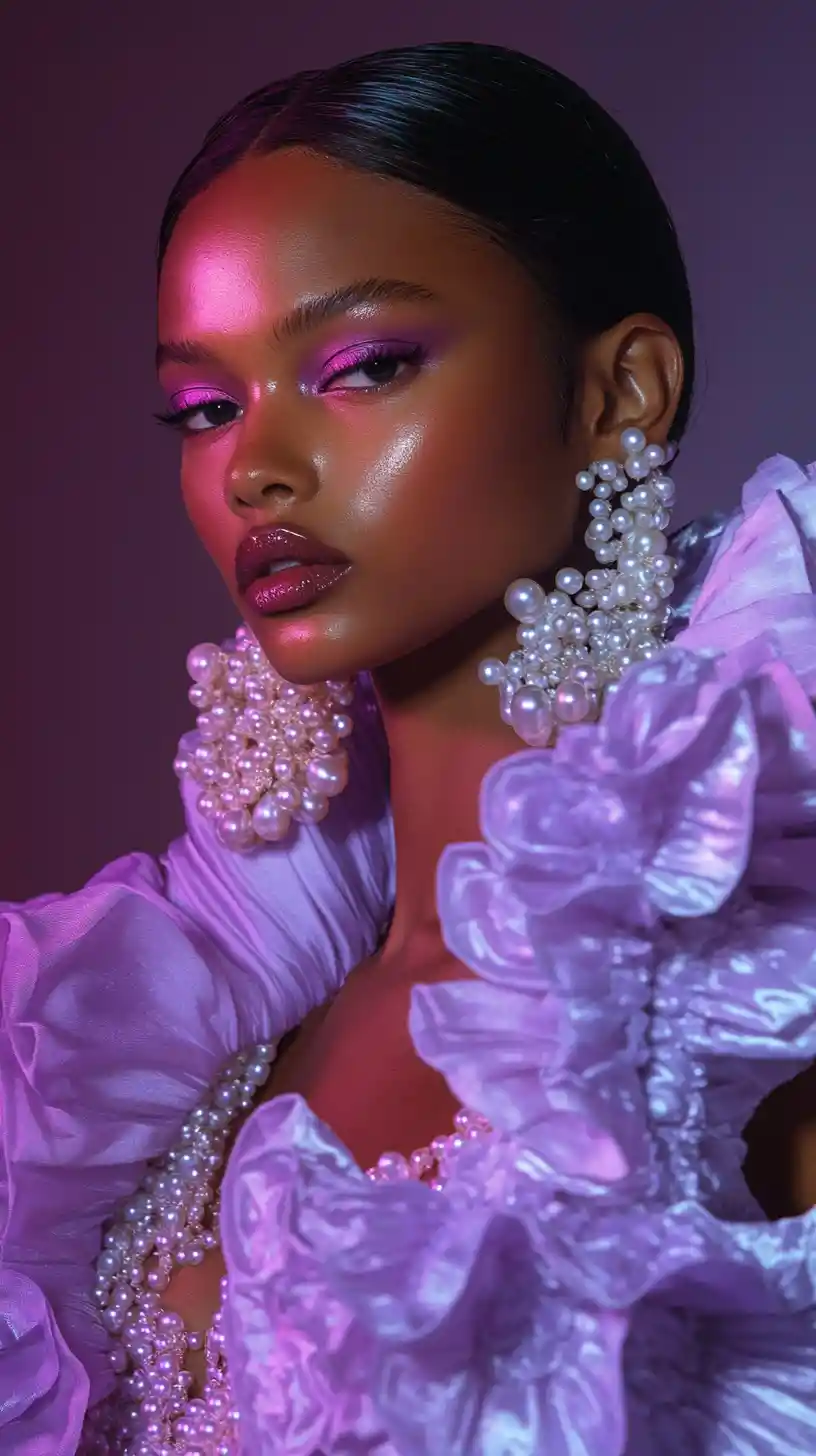 Retrato couture lavanda con perlas y maquillaje fucsia intenso