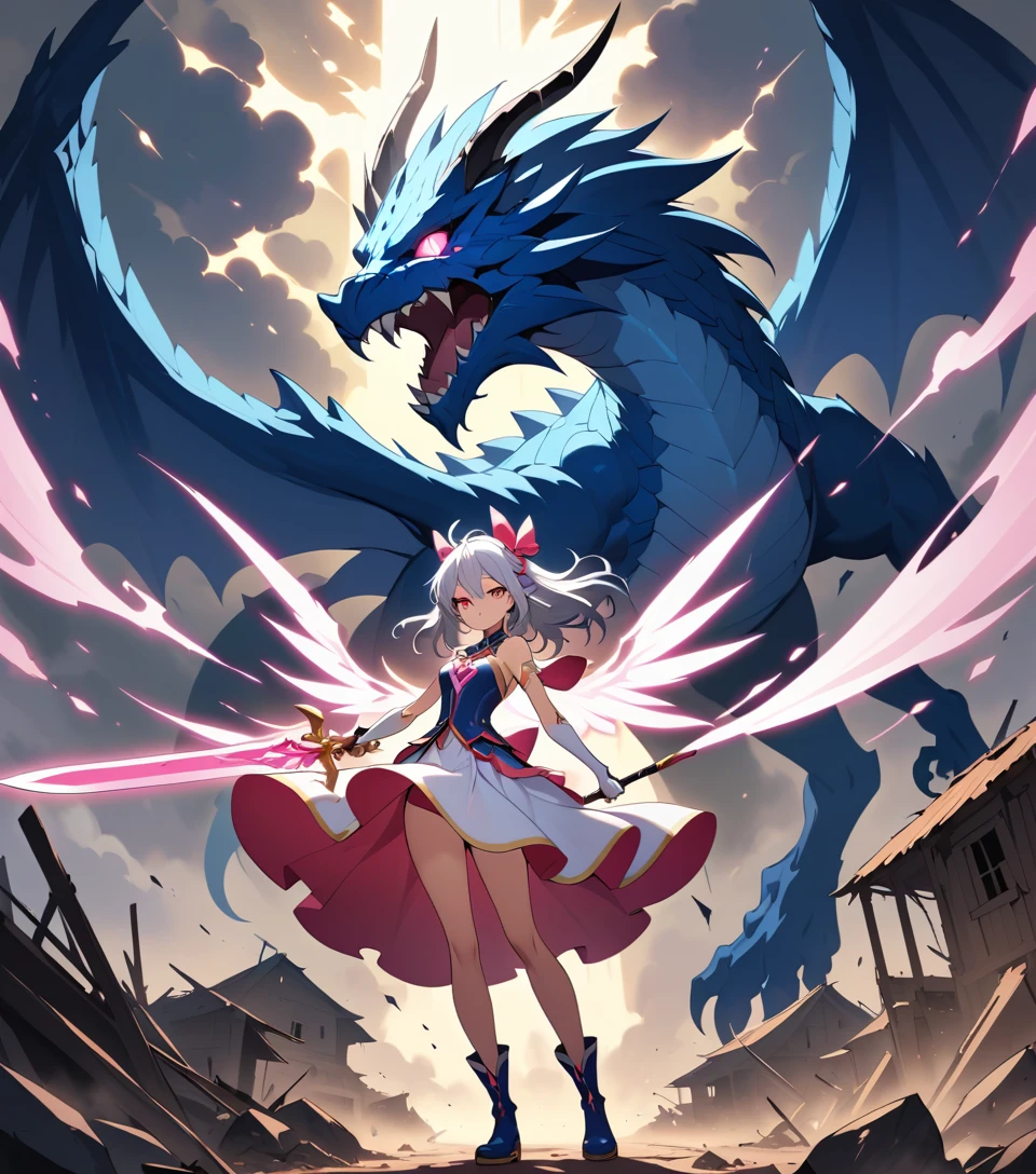 Heroína de anime con espada mística en aldea en ruinas