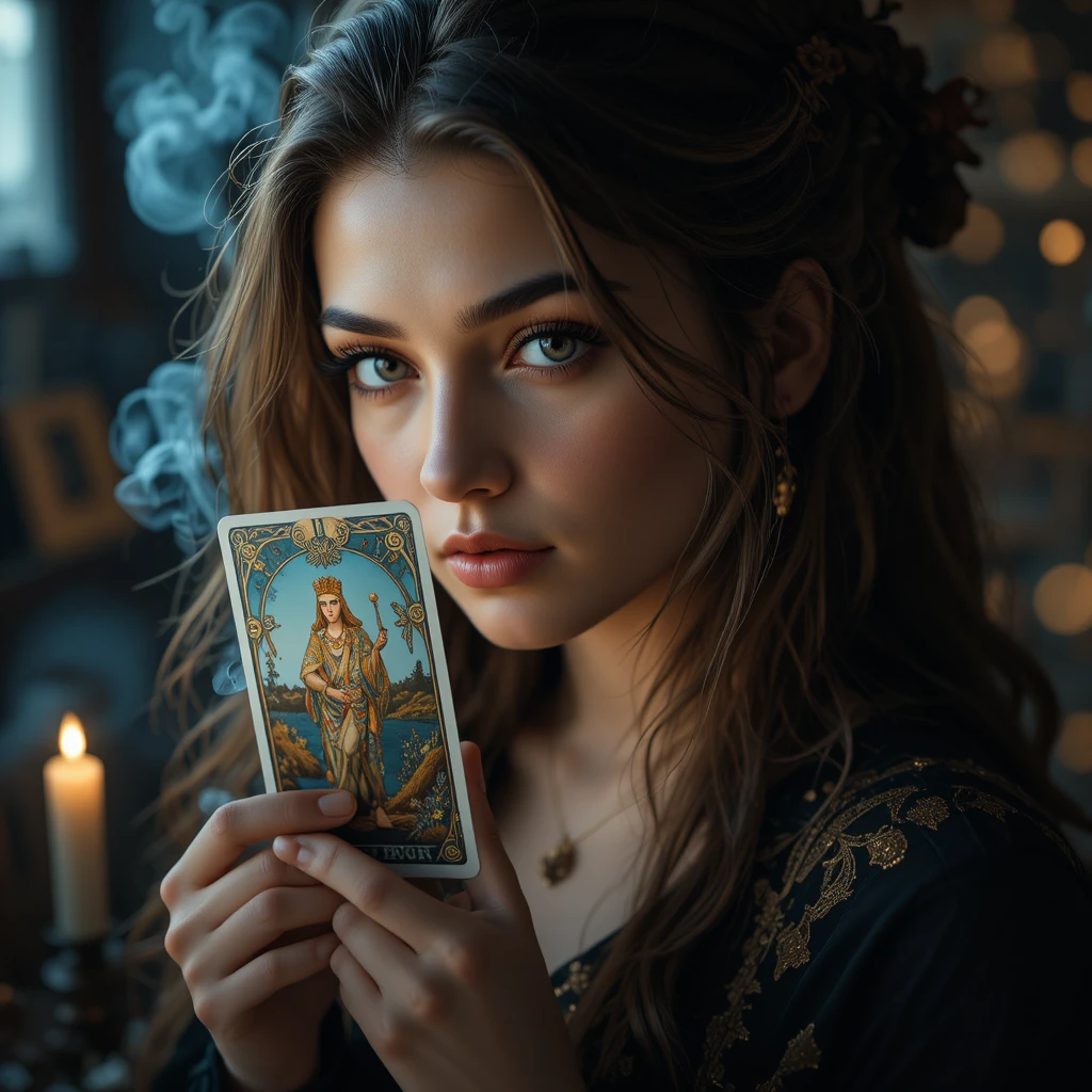 Retrato en primer plano de una misteriosa lectora de tarot a la luz de las velas