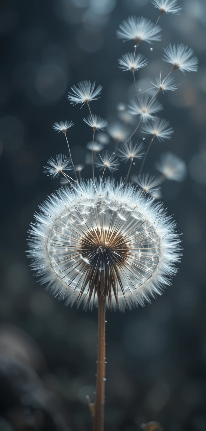 Nahaufnahme von schwebenden Pusteblumensamen vor dunklem Bokeh-Hintergrund