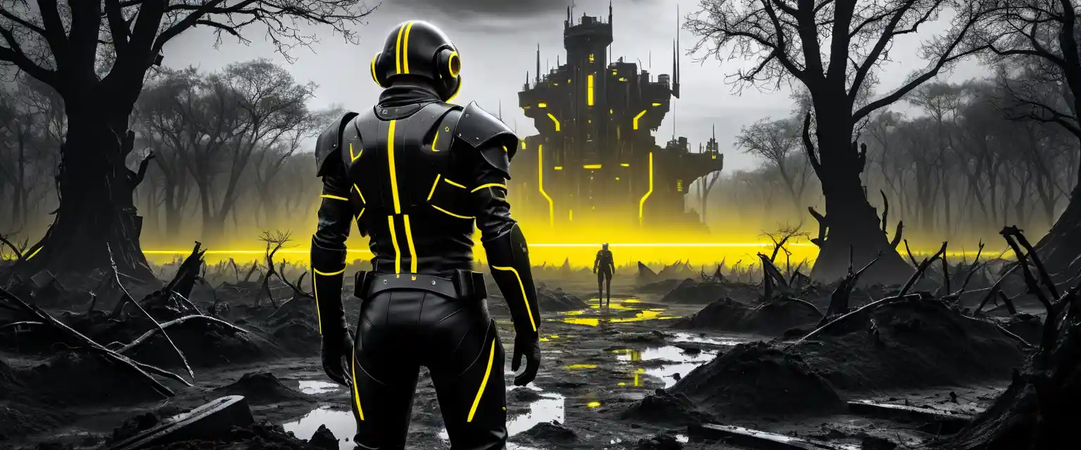 Futuristic teenage boys before a colossal sci fi fortress