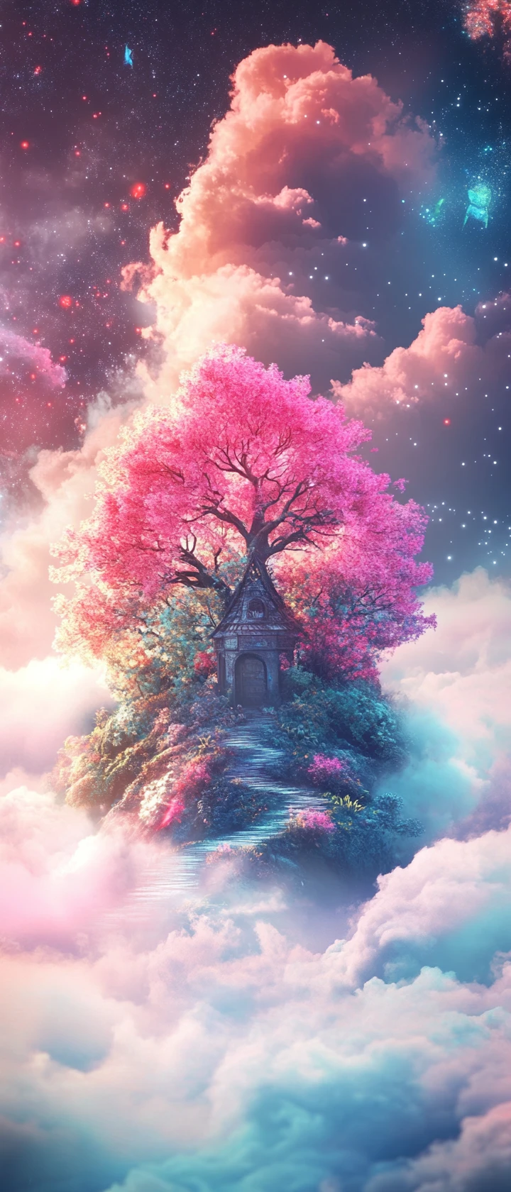 Paisaje onírico surrealista y colorido con brillante atmósfera en tonos pastel