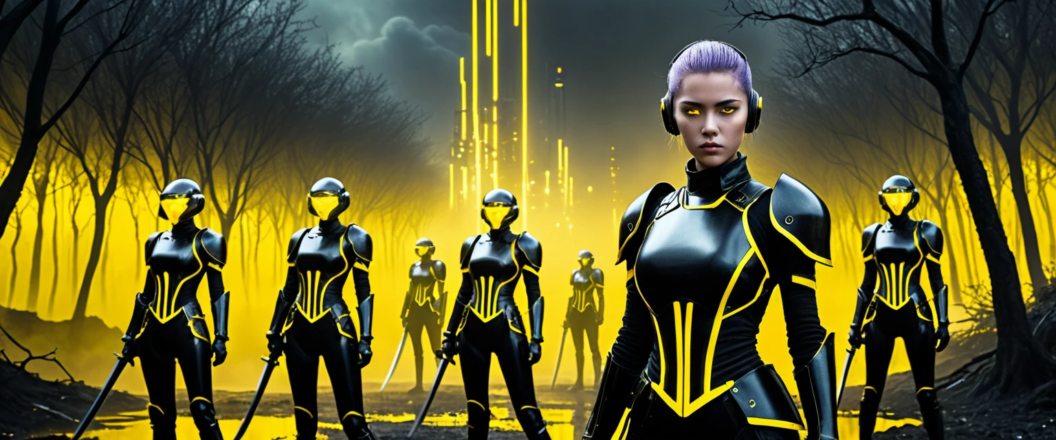 Guerriere adolescenti futuristiche con katana al neon su un campo di battaglia alieno