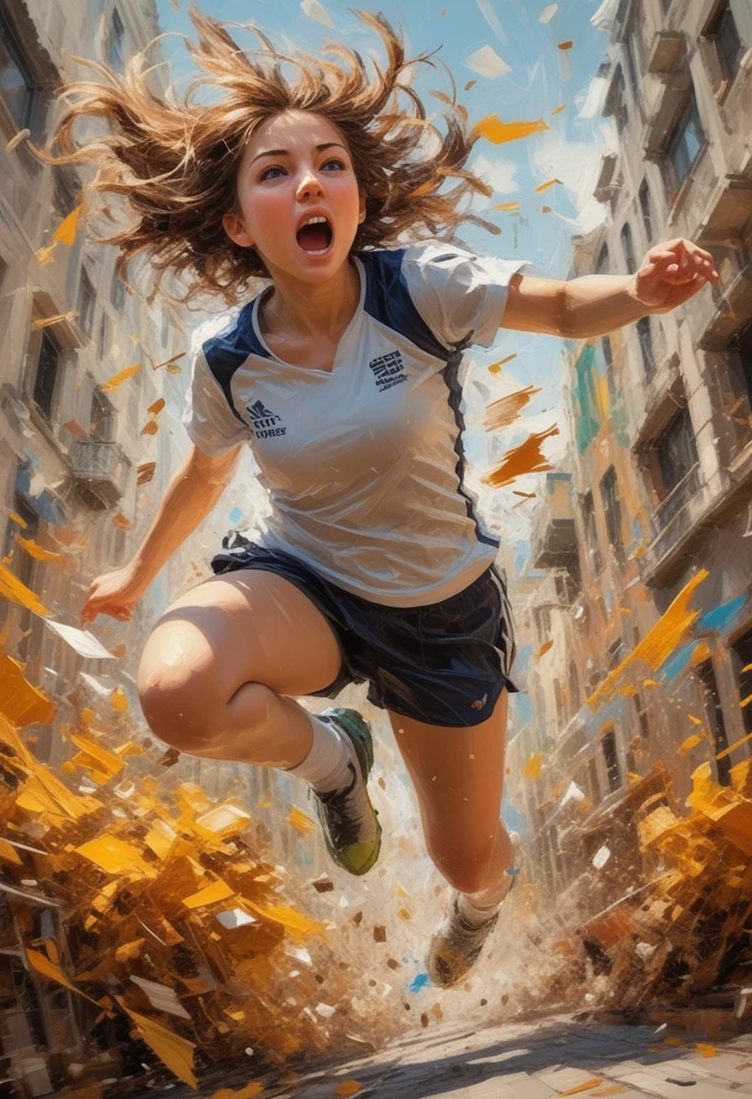 Chica aventurera saltando en una dinámica escena de acción fantástica