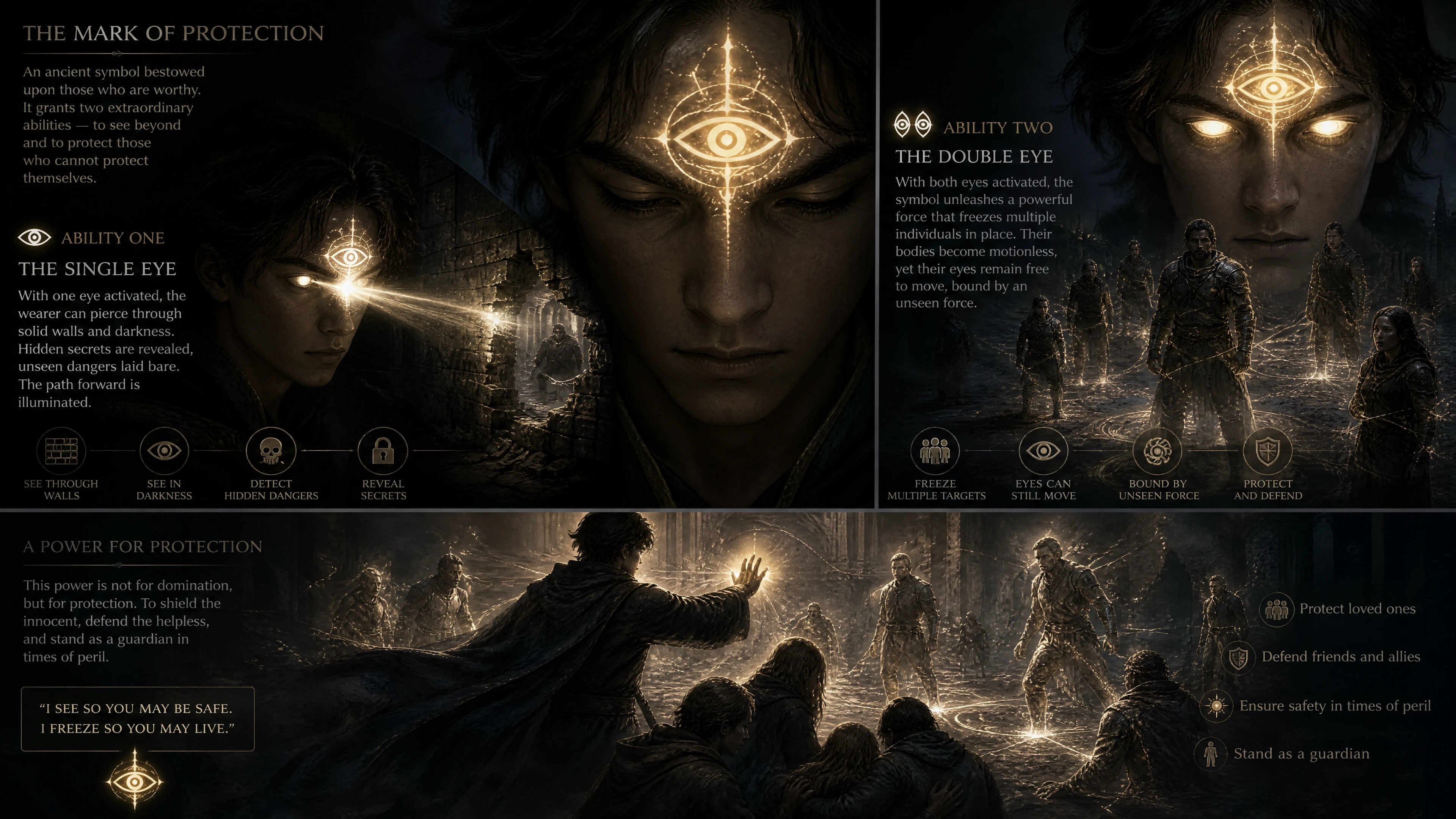 Mystical glowing forehead symbol on a protected being
