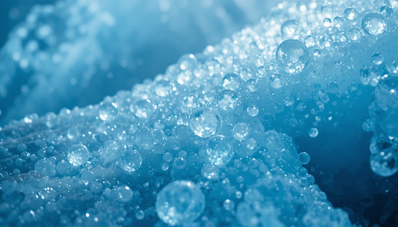Extreme macro view of clear Antarctic glacier ice bubbles