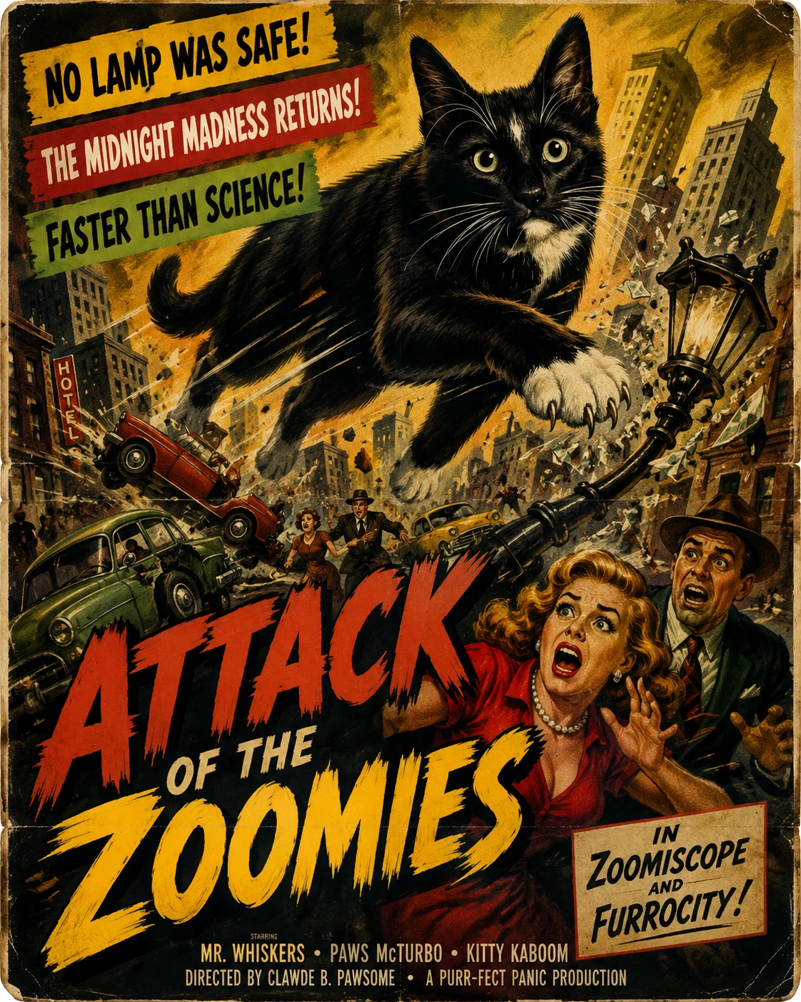 Póster retro: gato corriendo desenfrenado por una ciudad caótica