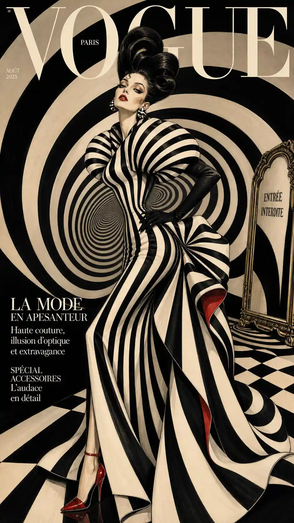 High fashion woman in striped couture inside swirling tunnel