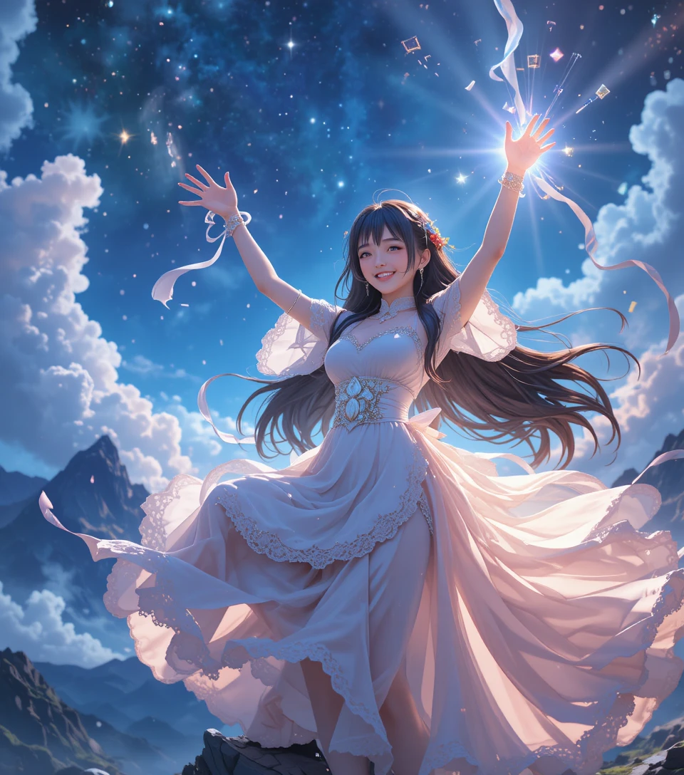 Mujer de anime alegre alcanzando la luna en una montaña