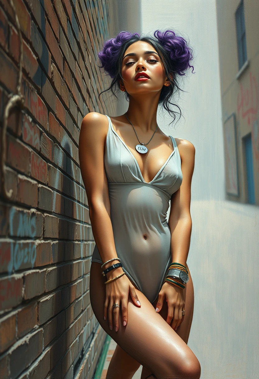 Retrato en contrapicado de una mujer latina con body blanco transparente