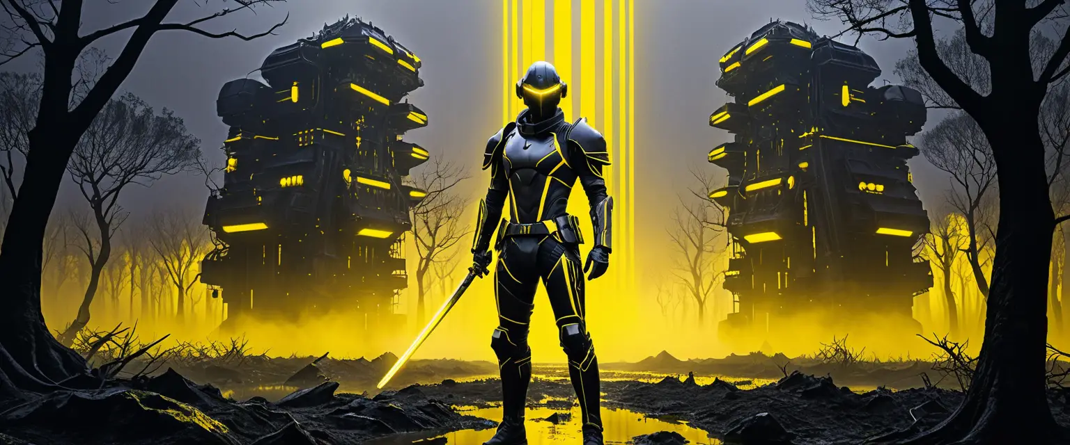 Teenage Sci‑Fi‑Krieger mit Energiekatanas im Neon-Schlachtfeld